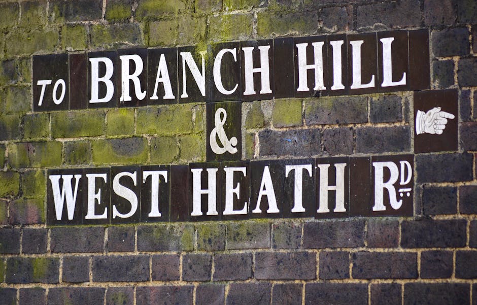A close-up view of a weathered brick wall featuring a street sign made of individual dark-colored tiles with white capital letters spelling out 'TO BRANCH HILL & WEST HEATH RD.' with a small white tile depicting a pointing hand symbol on the right side. The bricks are irregular in shape, with a rough texture, and have patches of green moss or algae, indicating age and outdoor exposure. The sign is attached directly to the wall, which serves as a backdrop for a street or locality in the West Hampstead area. This photograph subtly relates to the context of private and alternative disposal methods, as the sign may hint at the urban environment where rubbish removal services, such as those provided by Waste Disposal West Hampstead, operate in managing waste collection issues for residential and commercial properties in the vicinity.